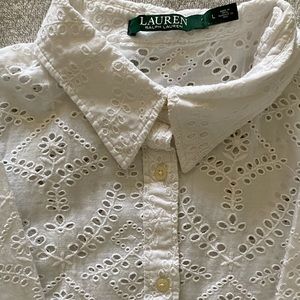 L Ralph Lauren Womens Eyelet styled cloth long sleeve button down white blouse